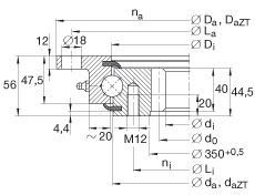 四點接觸球軸承 VLI200414-N, 輕系列 20， 內部的齒輪齒，兩側唇密封
