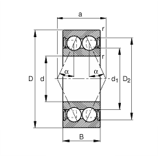 角接觸球軸承 3800-B-2RSR-TVH, 雙列，雙側唇密封，接觸角 α = 25°