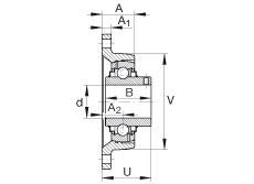 軸承座單元 RCJTY7/8, 對角法蘭軸承座單元，鑄鐵，根據 ABMA 15 - 1991, ABMA 14 - 1991, ISO3228 內圈帶有平頭螺栓，R型密封，英制